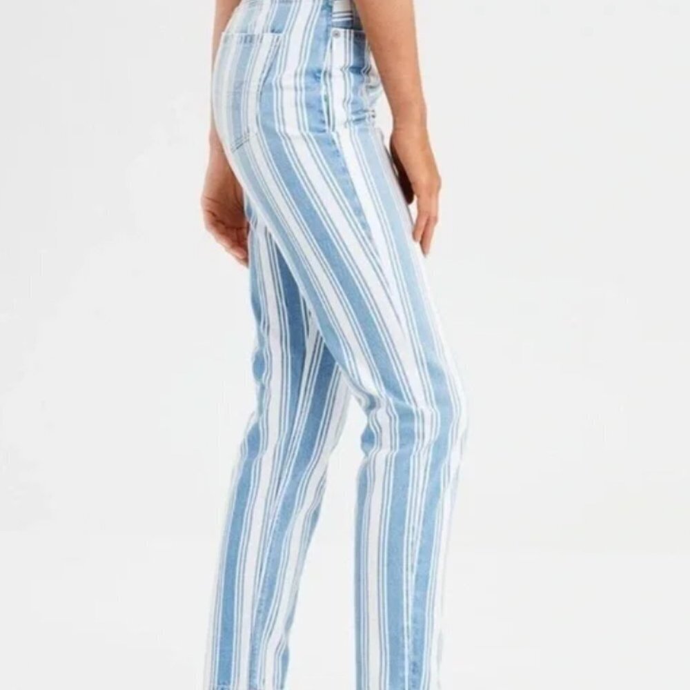 American Eagle Blue and White Striped Mom High Rise | Size 2